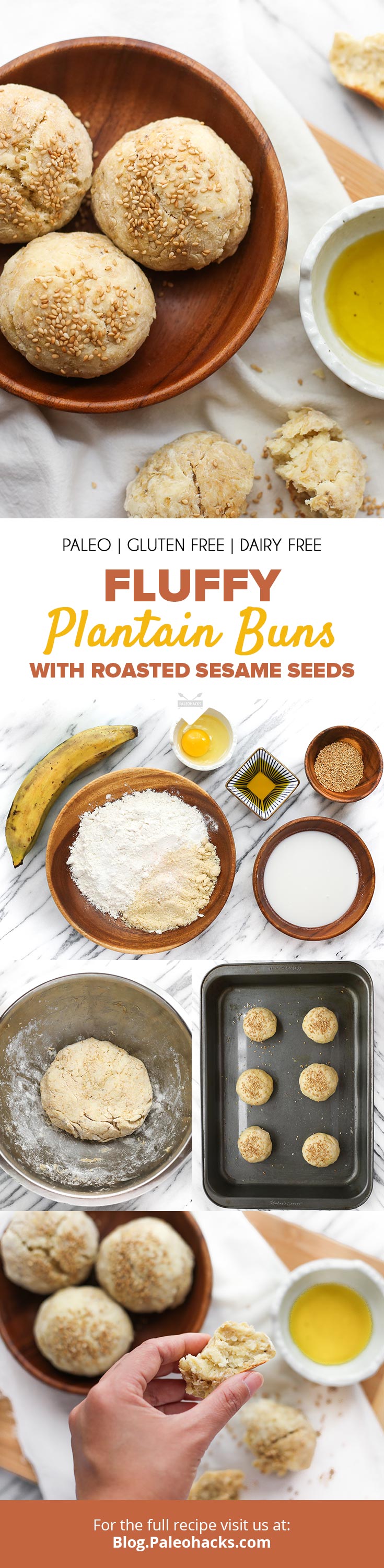 Love a good dinner roll, but are sick of rock-hard breads with no flavor? Bake up grain-free Paleo Plantain Buns with roasted sesame seeds in just 30 minutes!