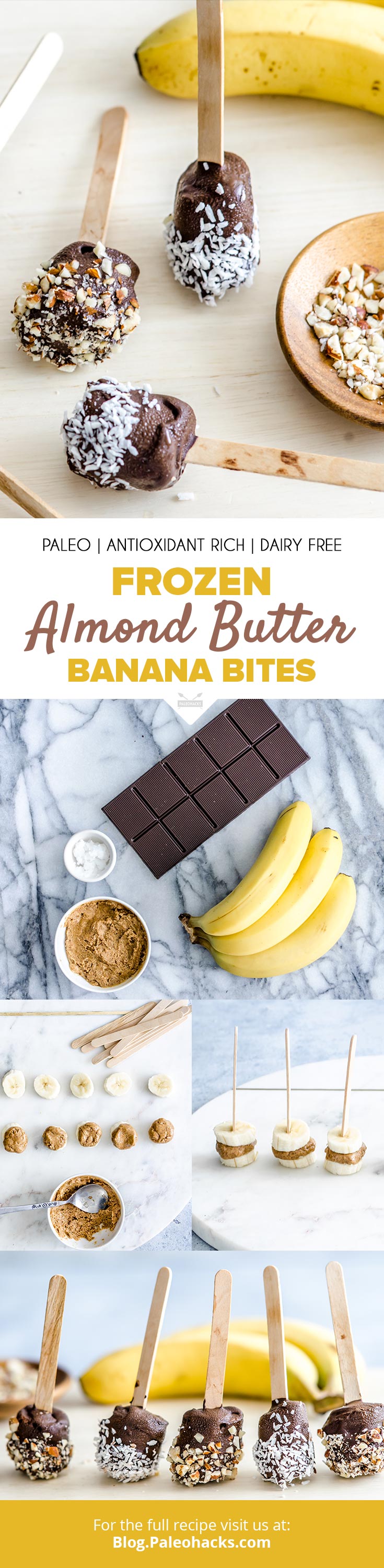 Like a chocolate sundae, but better! Upgrade chocolate covered bananas to Frozen Almond Banana Bites for a treat loaded with healthy antioxidants.