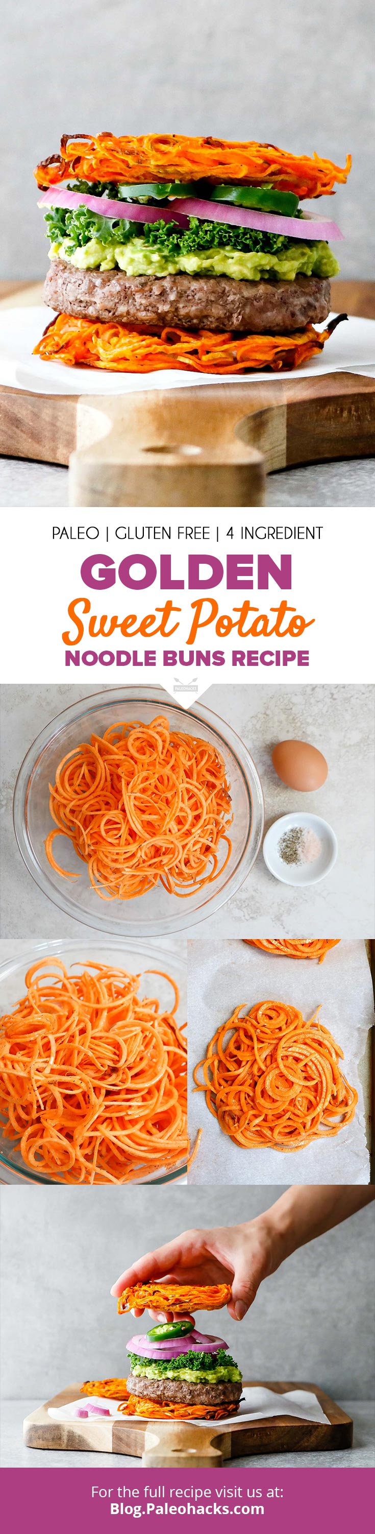 Forget lettuce wraps. Ditch the grains and create Golden Noodle Hamburger Buns using crispy sweet potato noodles.