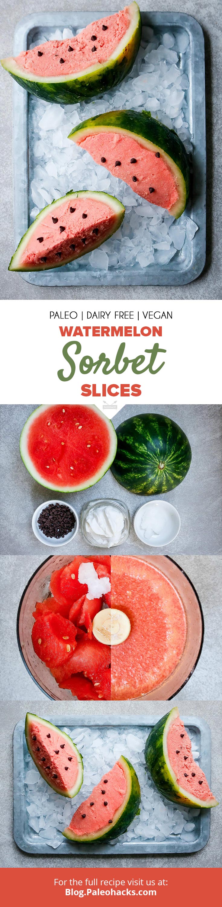 Cool off with these Watermelon Coconut Sorbet Slices with chocolate chip “seeds” and a hint of creamy coconut.