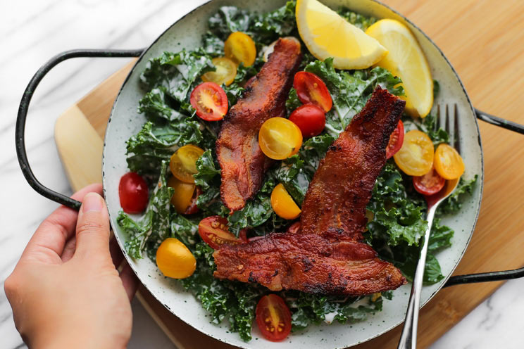 Who said Kale had to be boring? Upgrade to a Kale BLT Salad with crispy bacon, lemon juice, and fresh grape tomatoes.