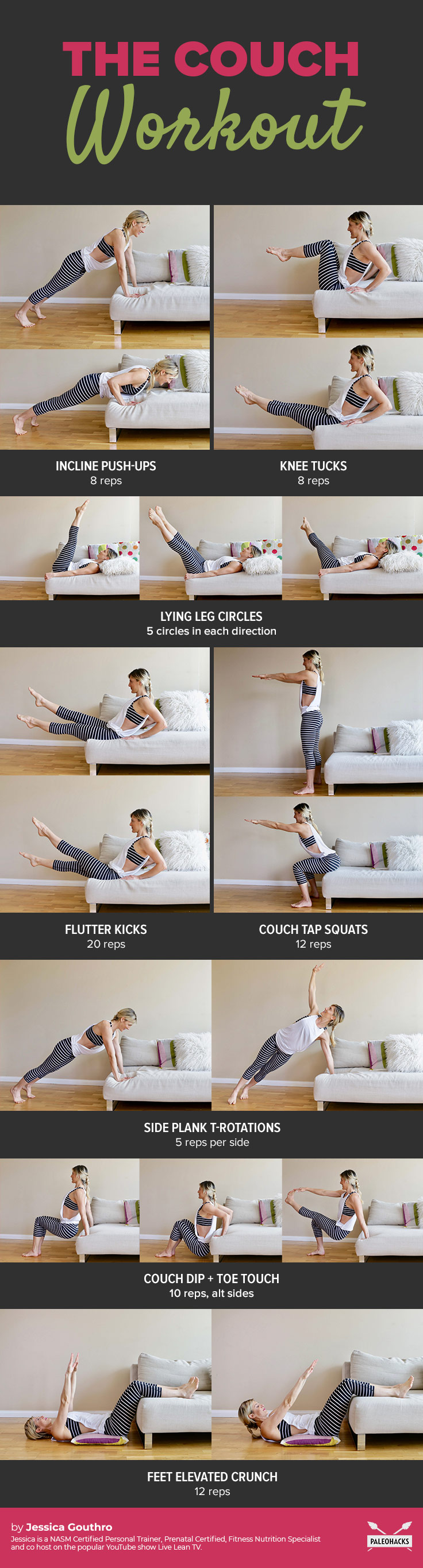 Whether you’re traveling or just don’t feel like leaving the house, this quick couch workout will tone up your arms, abs, legs and butt.
