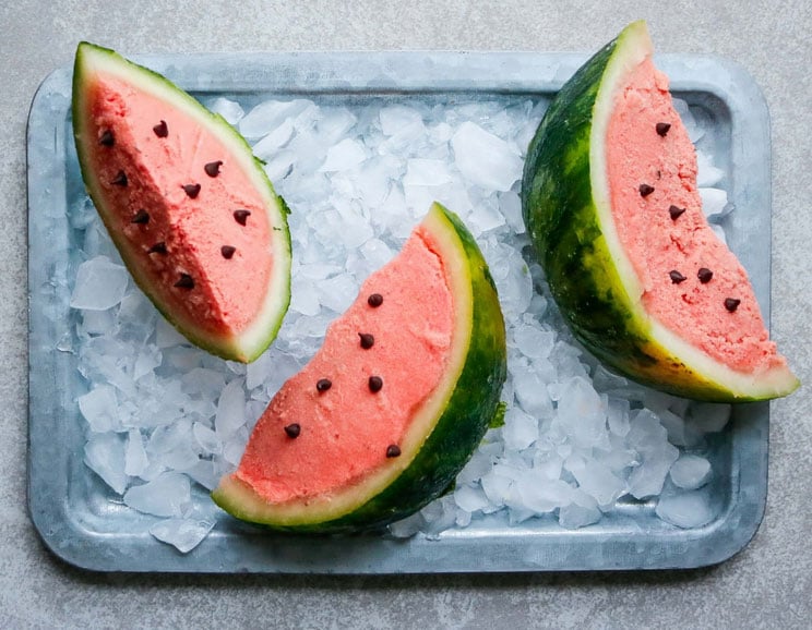 Cool off with these Watermelon Coconut Sorbet Slices with chocolate chip “seeds” and a hint of creamy coconut.