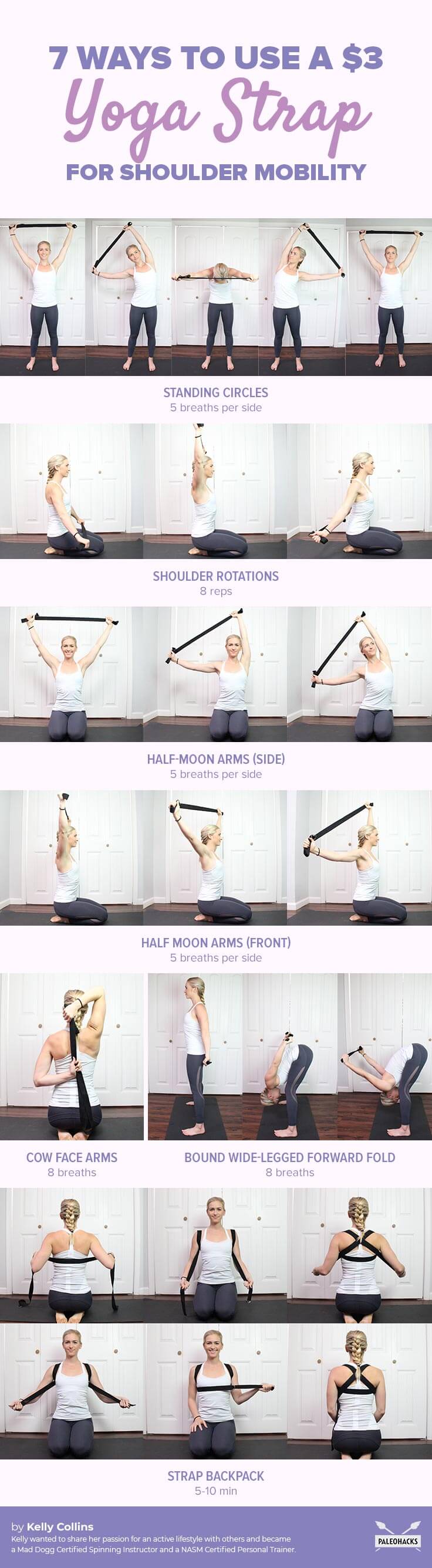 Use a $3 yoga strap to regain mobility in your shoulders with these seven easy stretches. Improve your posture with these yoga strap stretches.