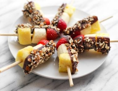 Dip your fruit in dark chocolate and crunchy almonds for these bite-sized Banana Split Kebabs. They're fun to make, but even better to eat!