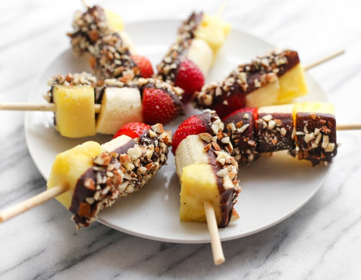 Dip your fruit in dark chocolate and crunchy almonds for these bite-sized Banana Split Kebabs. They're fun to make, but even better to eat!