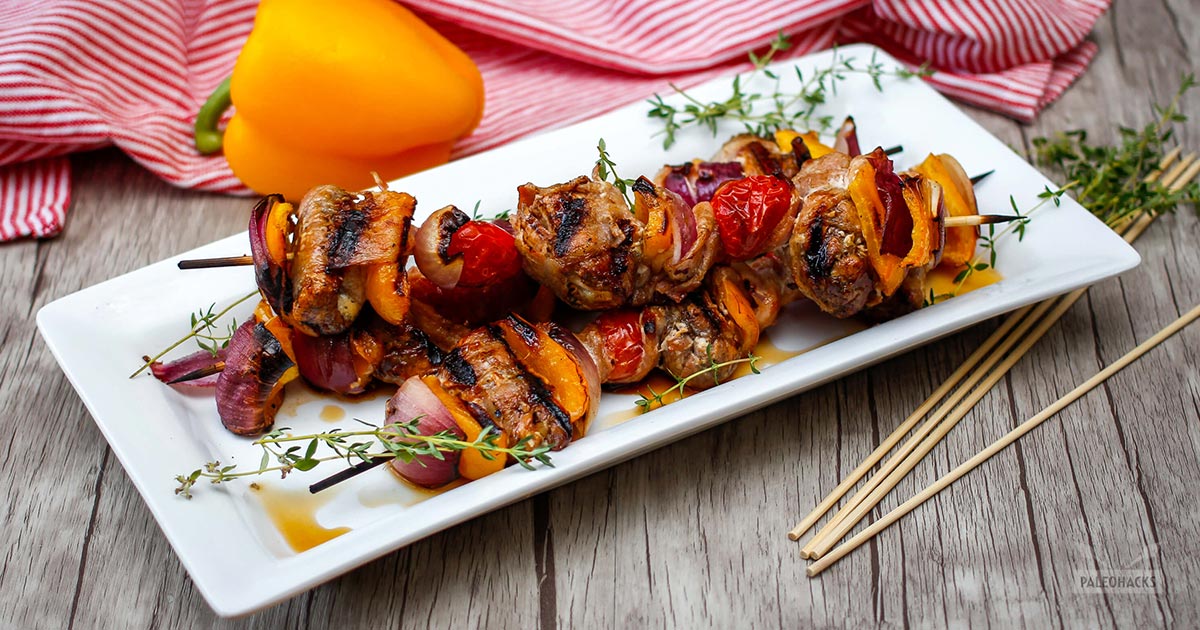 BaconWrapped Maple Balsamic Chicken and Veggie Skewers