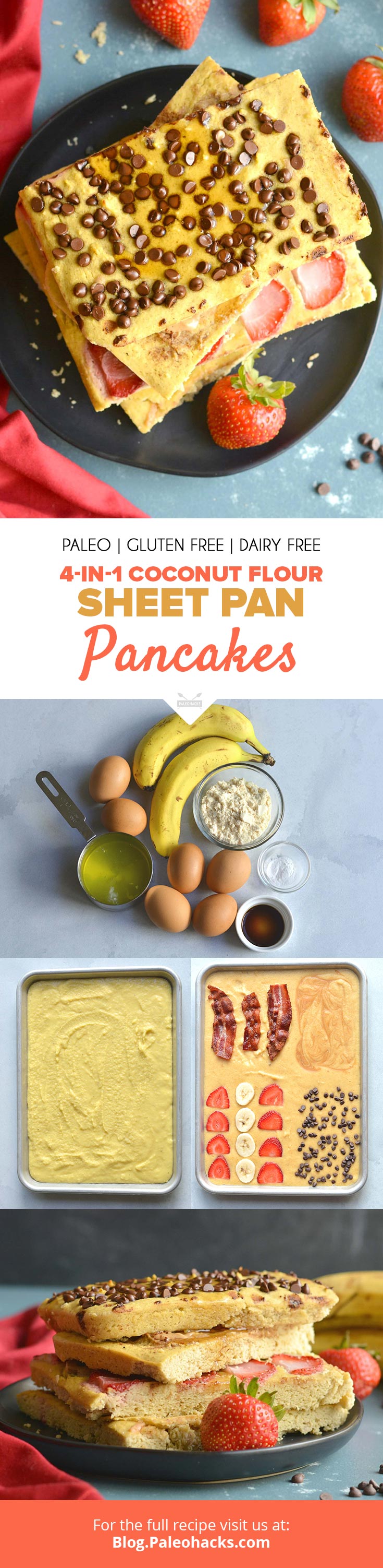 Grab a sheet pan and bake up this 4-in-1 Coconut Flour Pancake recipe to satisfy everyone’s taste buds.