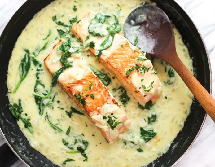 Pan-Seared Salmon with Creamy Garlicky Ghee Sauce | Paleo, Keto