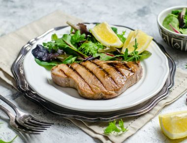Grilled on the outside and red and juicy on the inside, these maple and mustard-glazed tuna steaks make the perfect simple and elegant dinner for two.