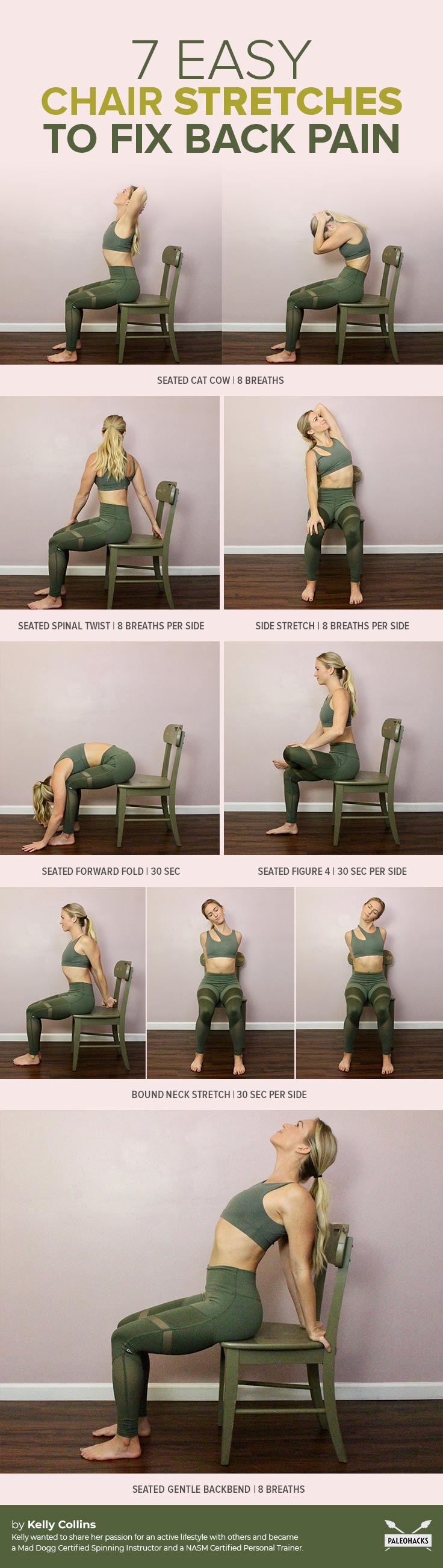 For an easy way to reverse the damage of sitting for too long, use these seven sit-and-stretch exercises and soothe back pain.