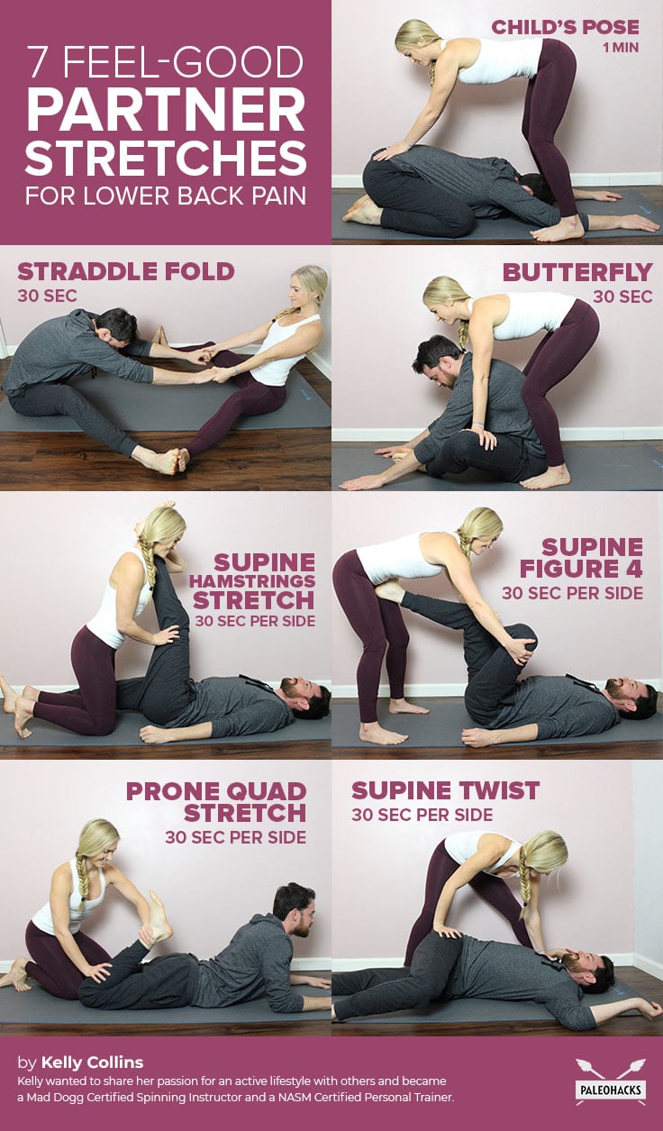 These seven partner stretches will help you (and a buddy) ease painful tension in the lower back, hips, and hamstrings.