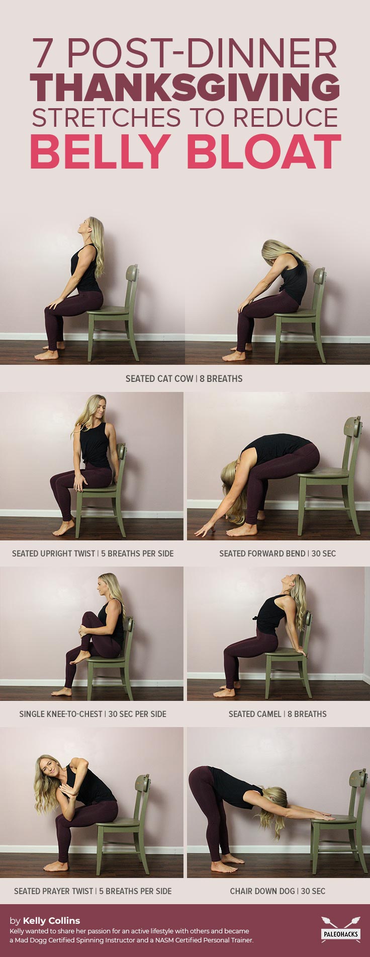If you feel the need to unbutton your pants after Thanksgiving dinner, try these de-bloating stretches you can do right in your chair instead.
