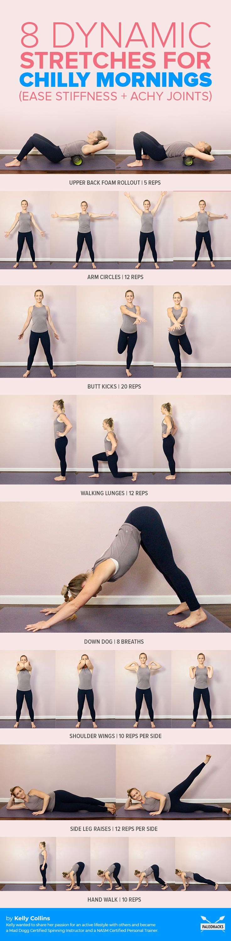 Use these at-home dynamic stretches to warm you up on chilly winter mornings. They can be used for starting your day or before your morning workout.