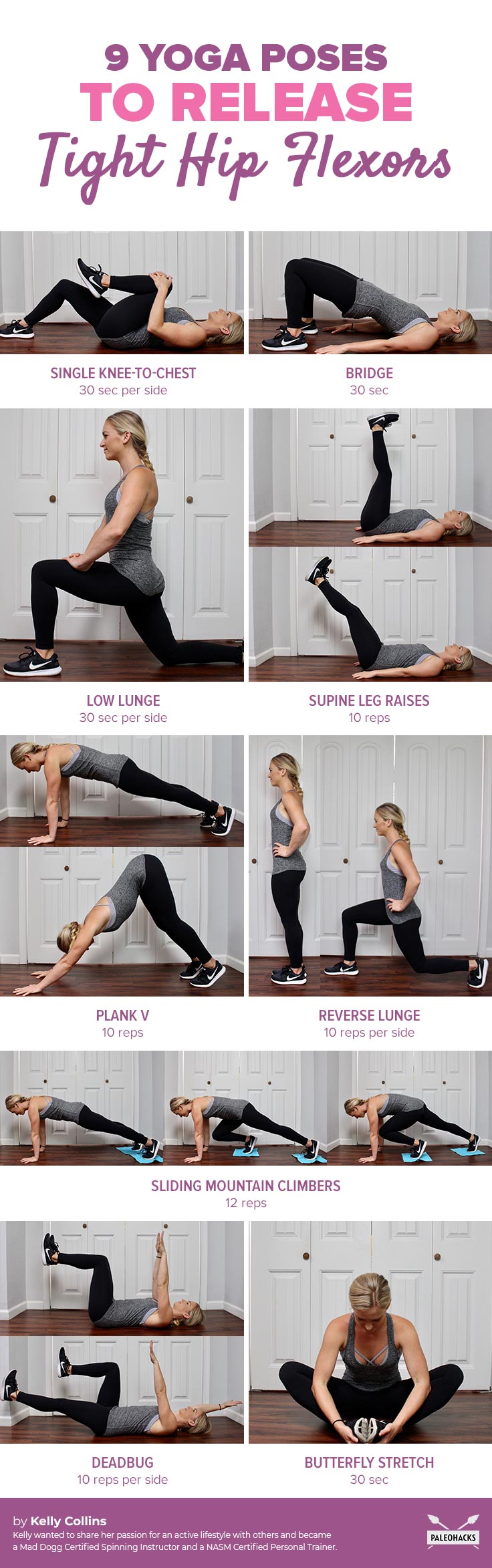 Sitting all day tightens your hips. Stretch into these nine exercises to undo the damage of sitting and strengthen those hip flexors!