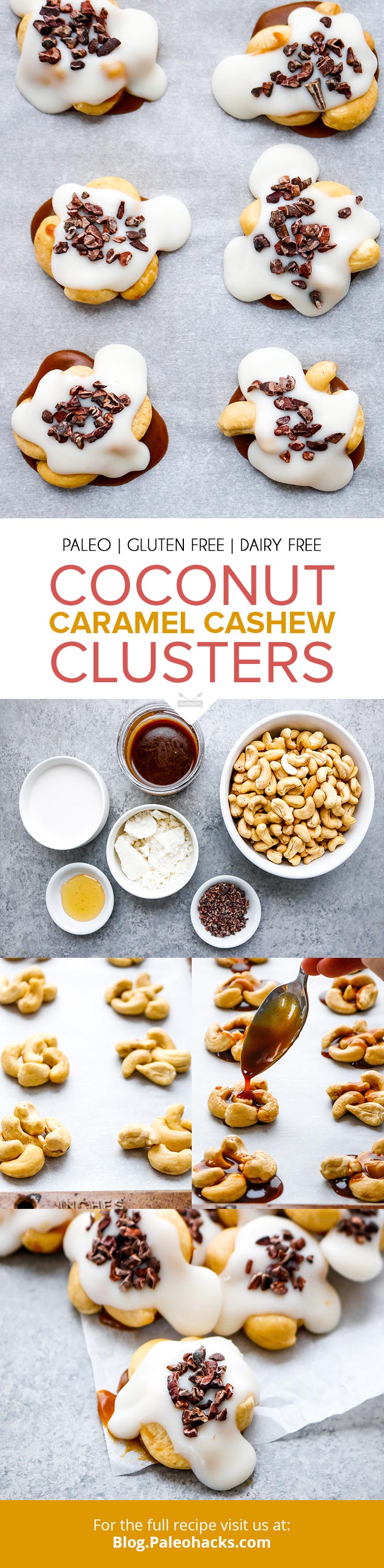 Nestle crunchy clusters of cashews with layers of Paleo caramel and “white chocolate” to calm all your snacking needs. Bringing the yum-factor to new heights!