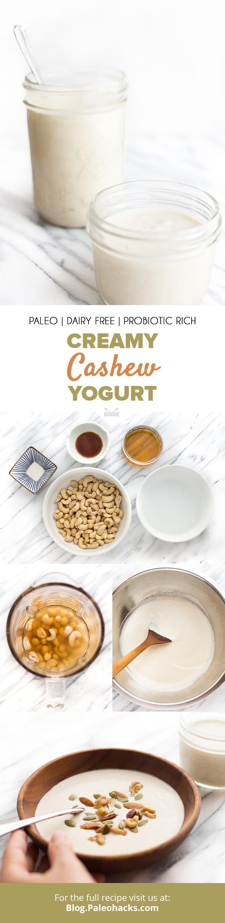 Blend cashews with honey, vanilla and probiotics and ferment overnight for a tangy, creamy, homemade cashew yogurt.