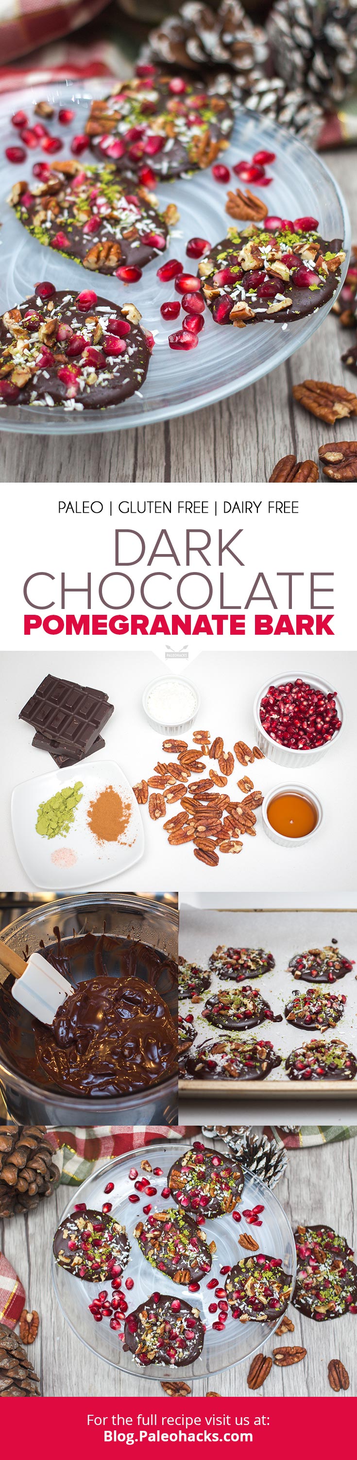 Delight your guests with a chocolate bark topped with pomegranates, pecans, and matcha. Serve it as a fun treat for the holidays or enjoy year-round as a tasty snack!