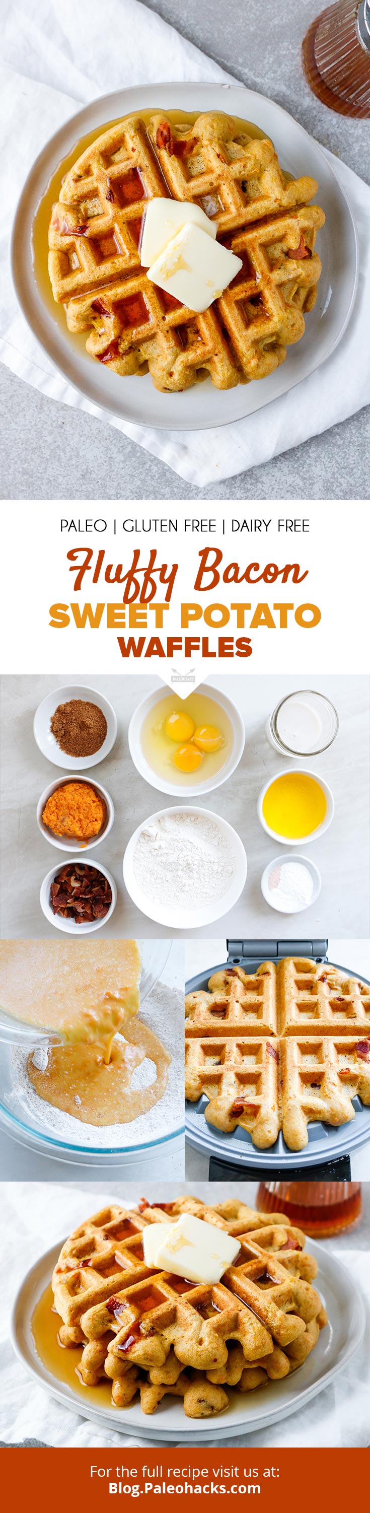 Ditch the grains and gluten and serve up these Bacon Sweet Potato Waffles with rich maple syrup and grass-fed butter.