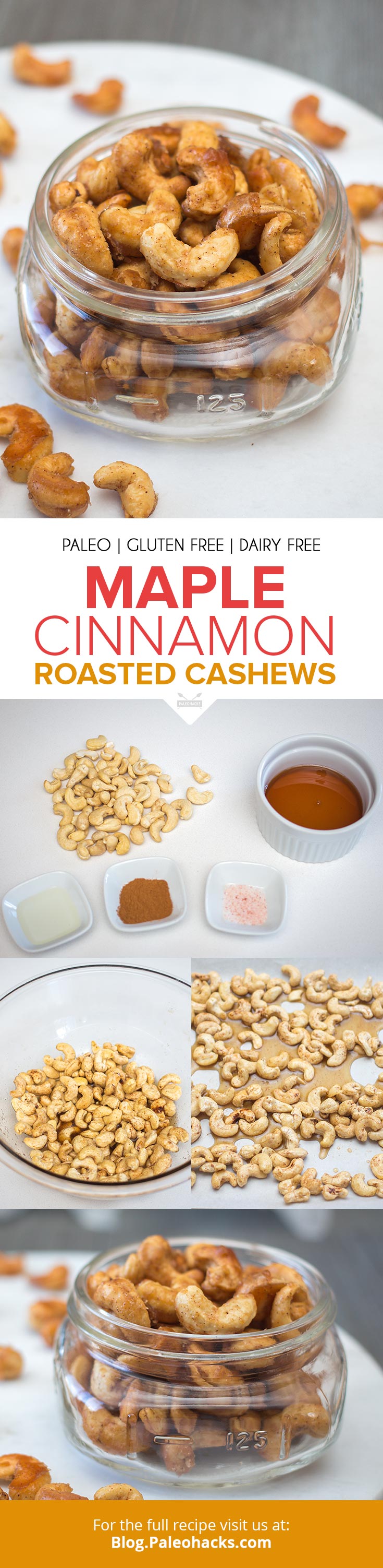Calm your rumbling tummy with a batch of sweet and salty cashews roasted in a maple cinnamon glaze.