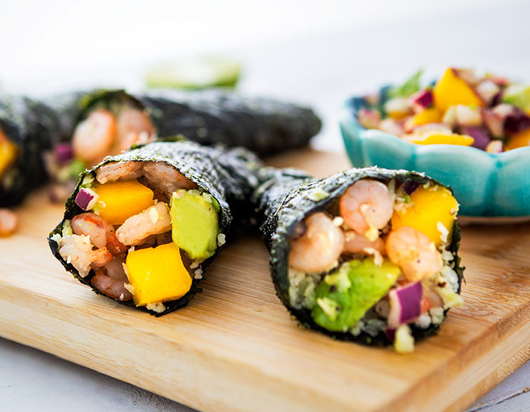 Looking for an easy snack or appetizer? These hand rolls made with protein-packed shrimp, sweet mango, and creamy avocado are a perfect lunch or party dish!