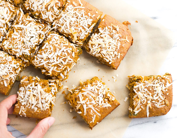 Get into the fall spirit with heavenly pumpkin bars featuring creamy almond butter and toasted coconut. Their sweet aroma is better than any holiday candle!