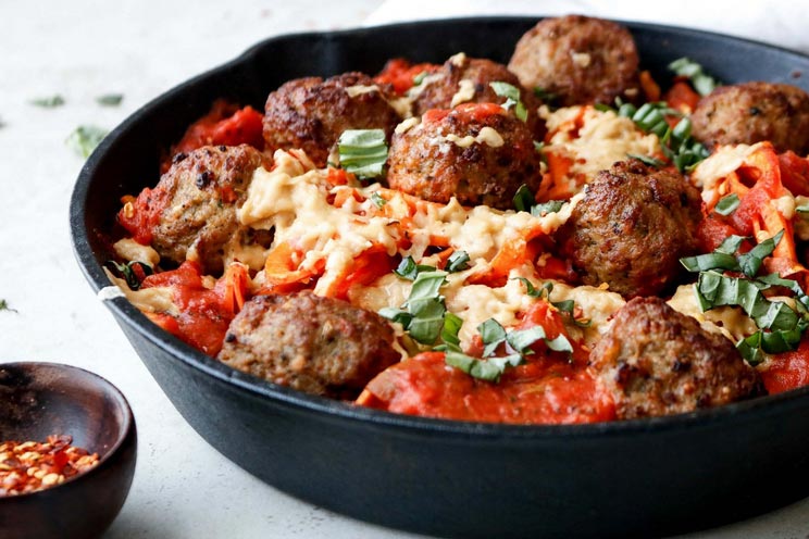 This baked sweet potato spaghetti and meatballs recipe is a surefire way to curb a pasta craving, sans wheat.