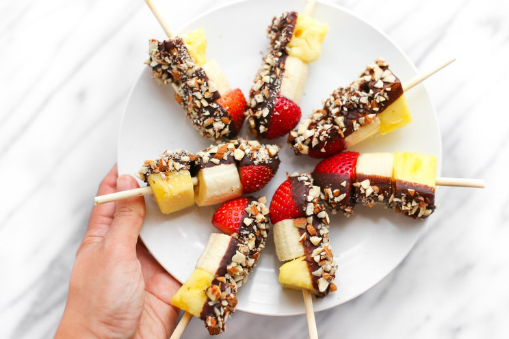 Dip your fruit in dark chocolate and crunchy almonds for these bite-sized Banana Split Kebabs. They're fun to make, but even better to eat!