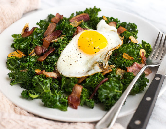 Easy Crispy Garlic Kale & Bacon Stir Fry Paleo, Gluten Free, Dairy Free