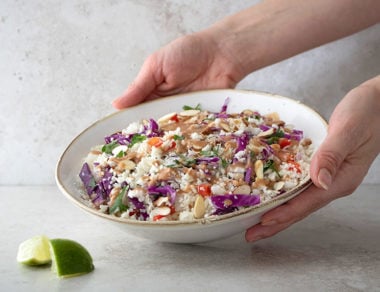 When you’re craving a fresh, healthy meal in a pinch, reach for this quick salad packed with crunchy cauliflower, a medley of raw veggies, and creamy almond sauce.