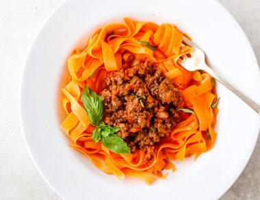Ladle meaty red sauce on top of sweet potato fettuccine noodles for a pasta dish with zero grains. Finally, noodles we can feel good about!