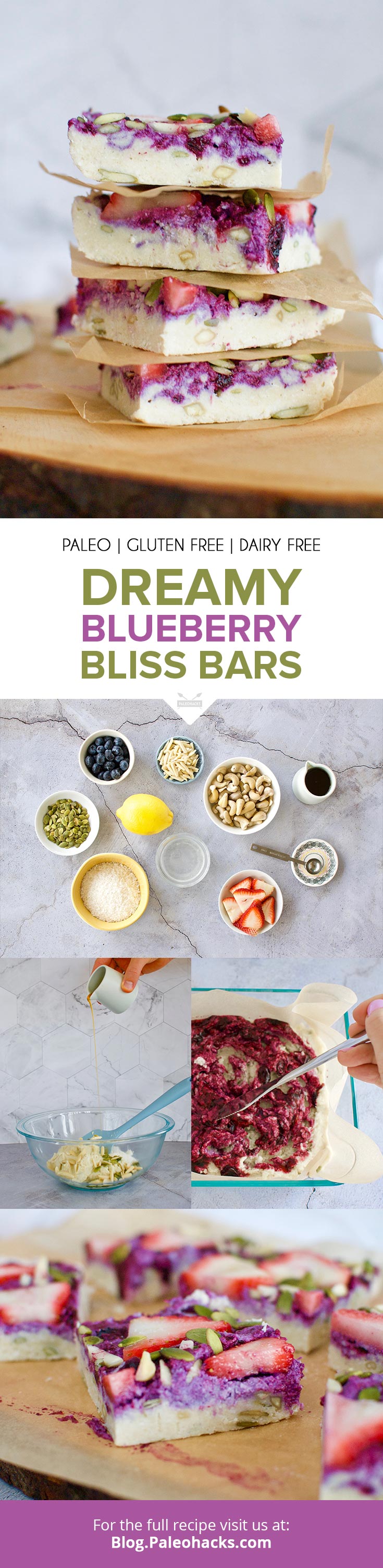 Recreate your favorite coffeehouse bliss bars with a fruity makeover consisting of fresh berries, coconut, & creamy cashews. Right in time for berry season!