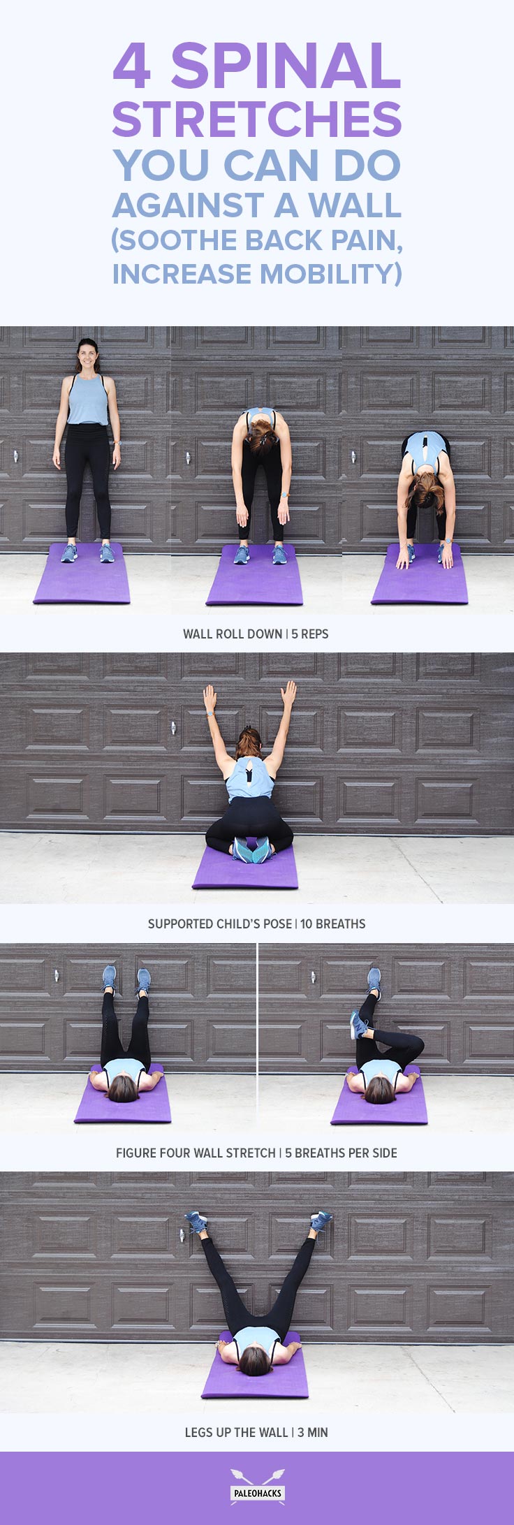 These four simple spinal wall stretches are the perfect way to release your tight back after a long day.