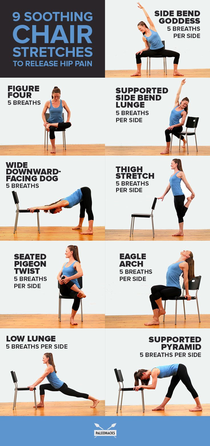 If you spend all day sitting, these hip stretches are for you. Use these 9 easy chair stretches to open and stretch all the muscles that surround the hips.