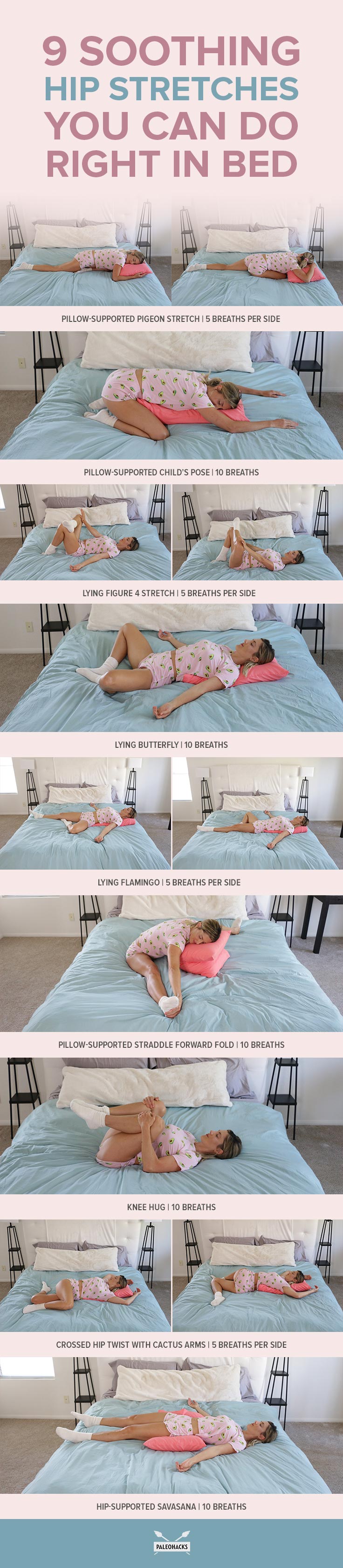 If you have a hard time sleeping because you can’t find a comfortable position, try this soothing hip stretch routine you can do right in bed.