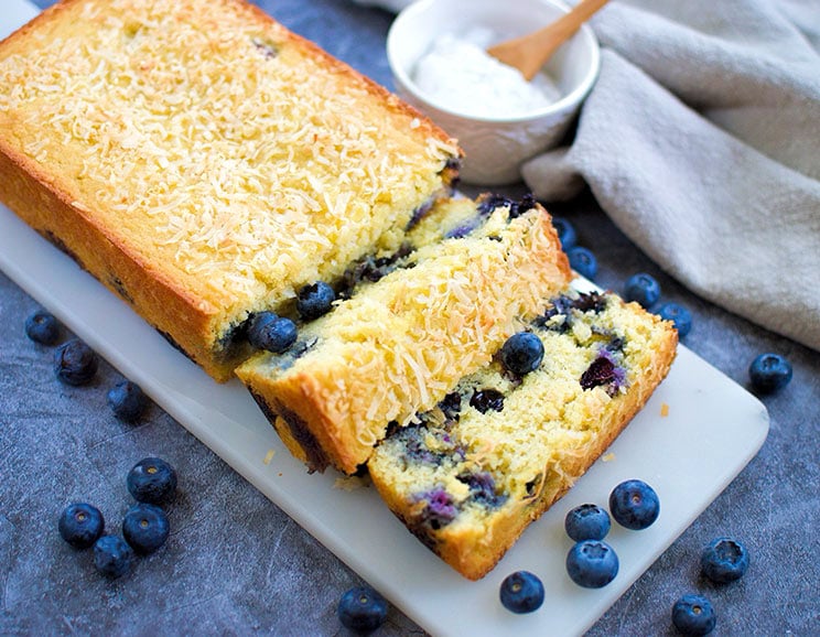 Craving a Paleo treat? Make this lighter-than-air blueberry coconut bread with just 10 minutes of prep!