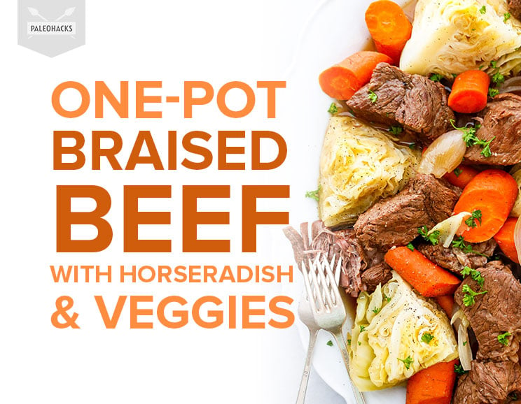 Feed a crowd with this melt-in-your-mouth, horseradish braised beef and veggies. This one-pot braised beef and veggies recipe is bound to be your new go-to.
