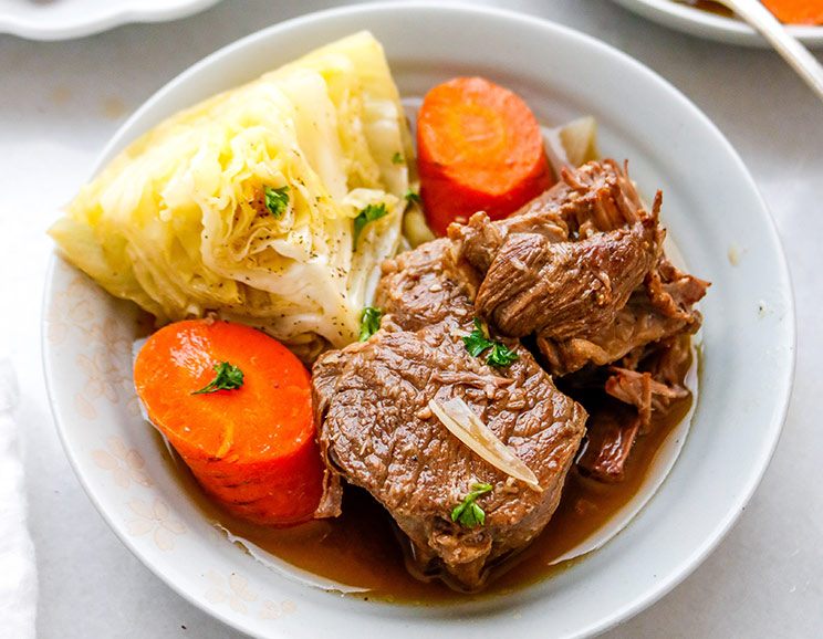Feed a crowd with this melt-in-your-mouth, horseradish braised beef and veggies. This one-pot braised beef and veggies recipe is bound to be your new go-to.