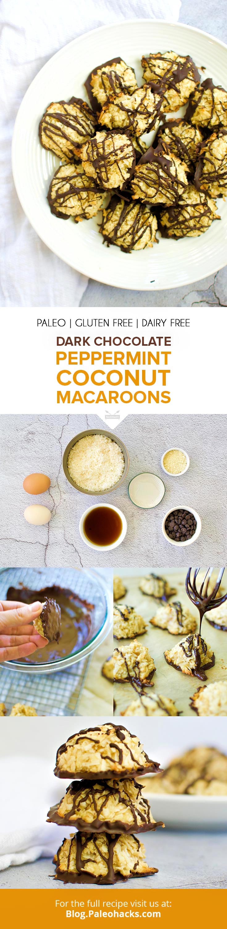 Whip up these bite-sized flavor bombs with a trifecta of coconut, dark chocolate, and peppermint. Less than an hour, you can enjoy these Paleo coconut macaroons.