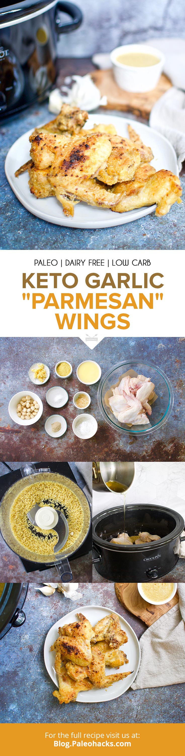 Slow cook wings to fall-off-the-bone perfection in a savory paleo and keto garlic parmesan sauce. You'll never guess how we make parmesan Paleo and Keto.
