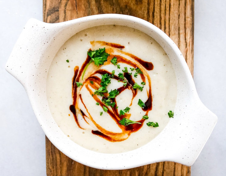 Pair rich and creamy with sweet and tangy in this dairy-free sunchoke soup with a balsamic glaze. How do we make this soup even tastier?