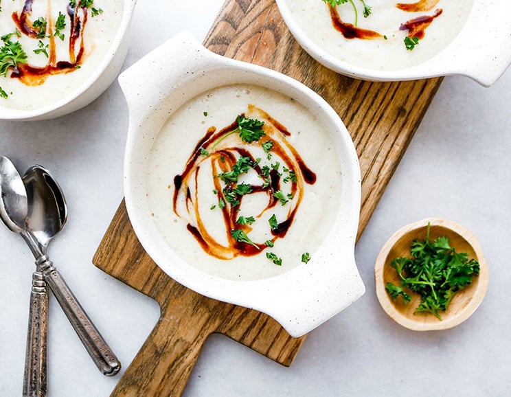 Pair rich and creamy with sweet and tangy in this dairy-free sunchoke soup with a balsamic glaze. How do we make this soup even tastier?