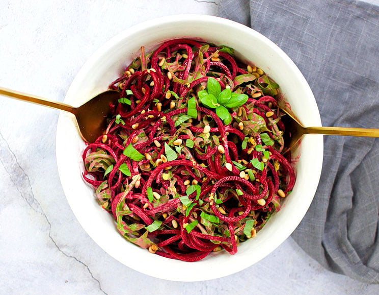 Keep things refreshingly cool with beet noodles, arugula, and creamy lemon tahini dressing. Catch us slurping up these noodles all week long!