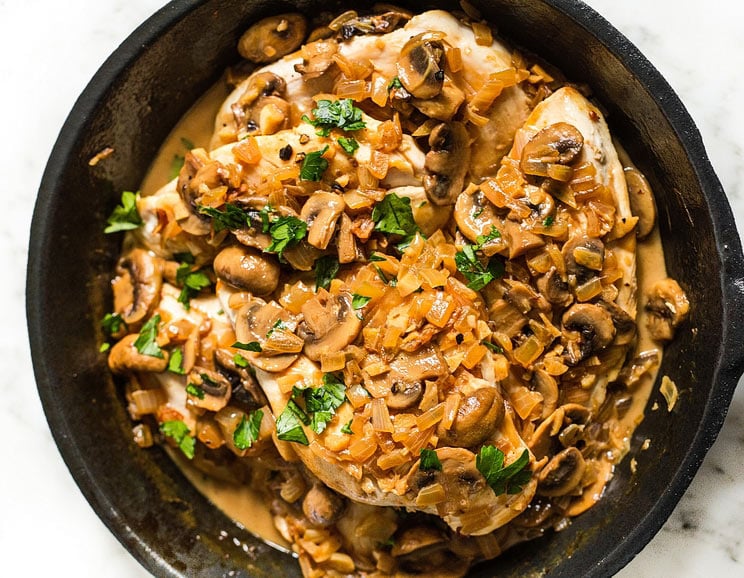 Cook up this juicy chicken marsala topped with caramelized onions and sliced mushrooms. So simple, yet so satisfying!