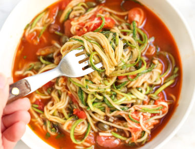 Made with anchovies, capers, garlic, and black olives simmered in a rich tomato sauce, this Zucchini Pasta Puttanesca packs lots of bold flavors!