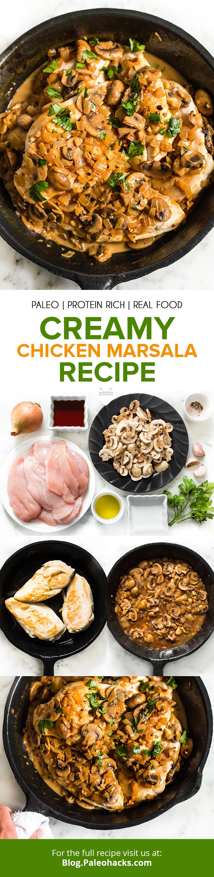 Cook up this juicy chicken marsala topped with caramelized onions and sliced mushrooms. So simple, yet so satisfying!