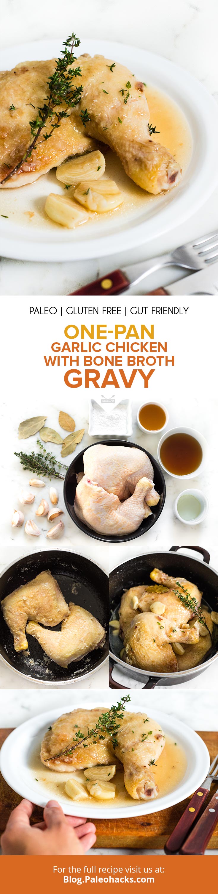 Top juicy, garlicky chicken thighs with a delicious bone broth gravy that’s full of gut-healing goodness and flavor. This is a low-carb, protein-rich meal!