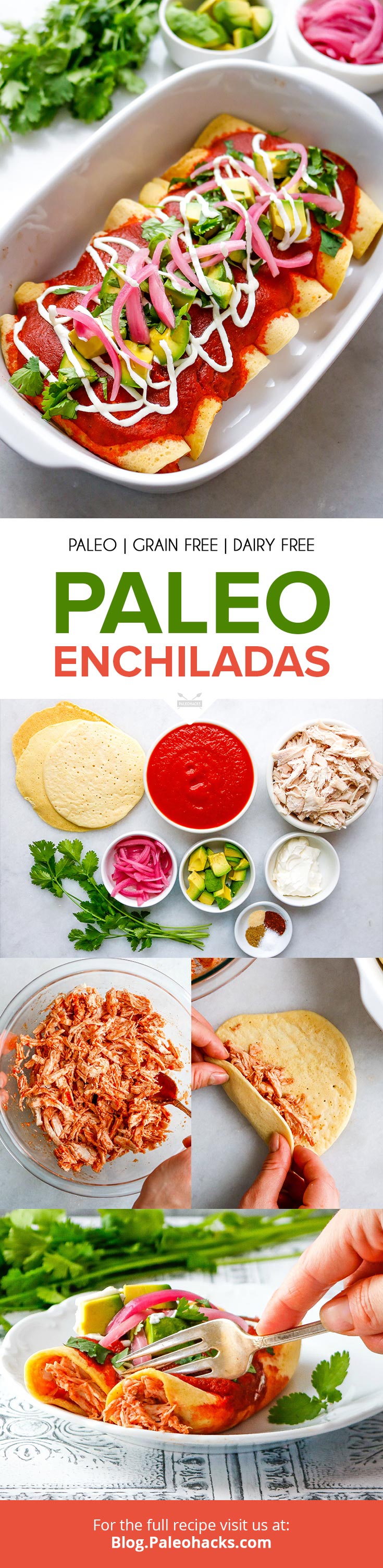 Add a Paleo twist to traditional enchiladas using grain-free tortillas and spicy chicken. When Mexican food is life, this healthy recipe has you covered!