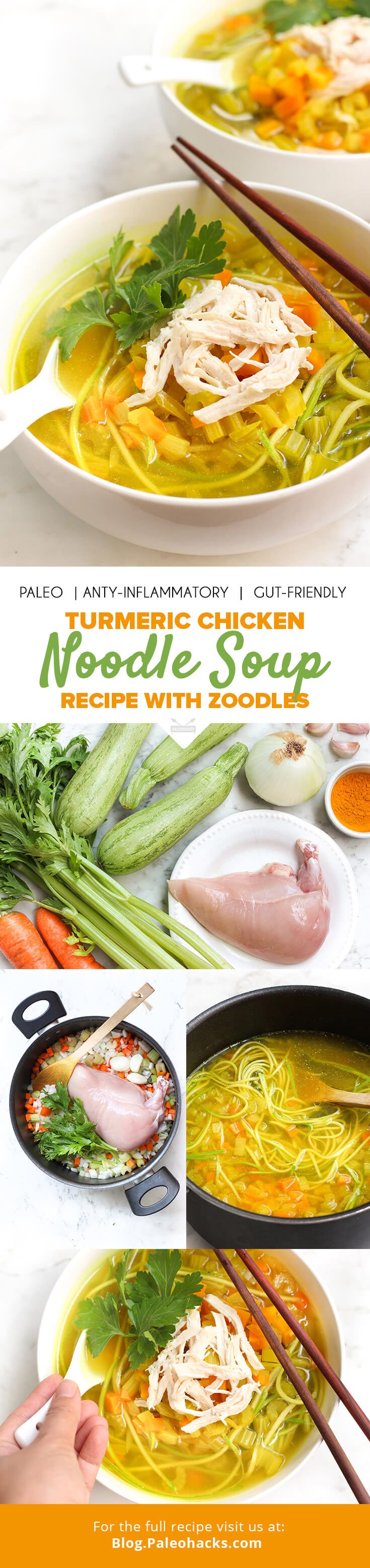 This Turmeric Chicken Soup with Zucchini Noodles is the perfect remedy for a chilly night. Filled with fresh veggies, lean protein and anti-inflammatory turmeric, it’s the perfect meal to cozy up to!