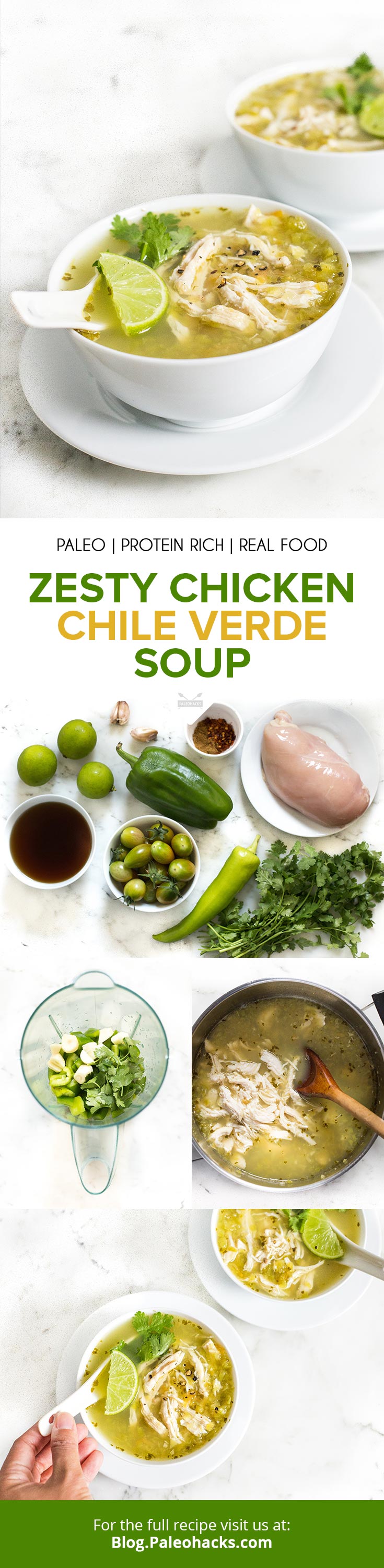 Serve up a bowl of warm chili verde soup with fresh veggies and shredded chicken. It has the perfect amount of zip and heat!